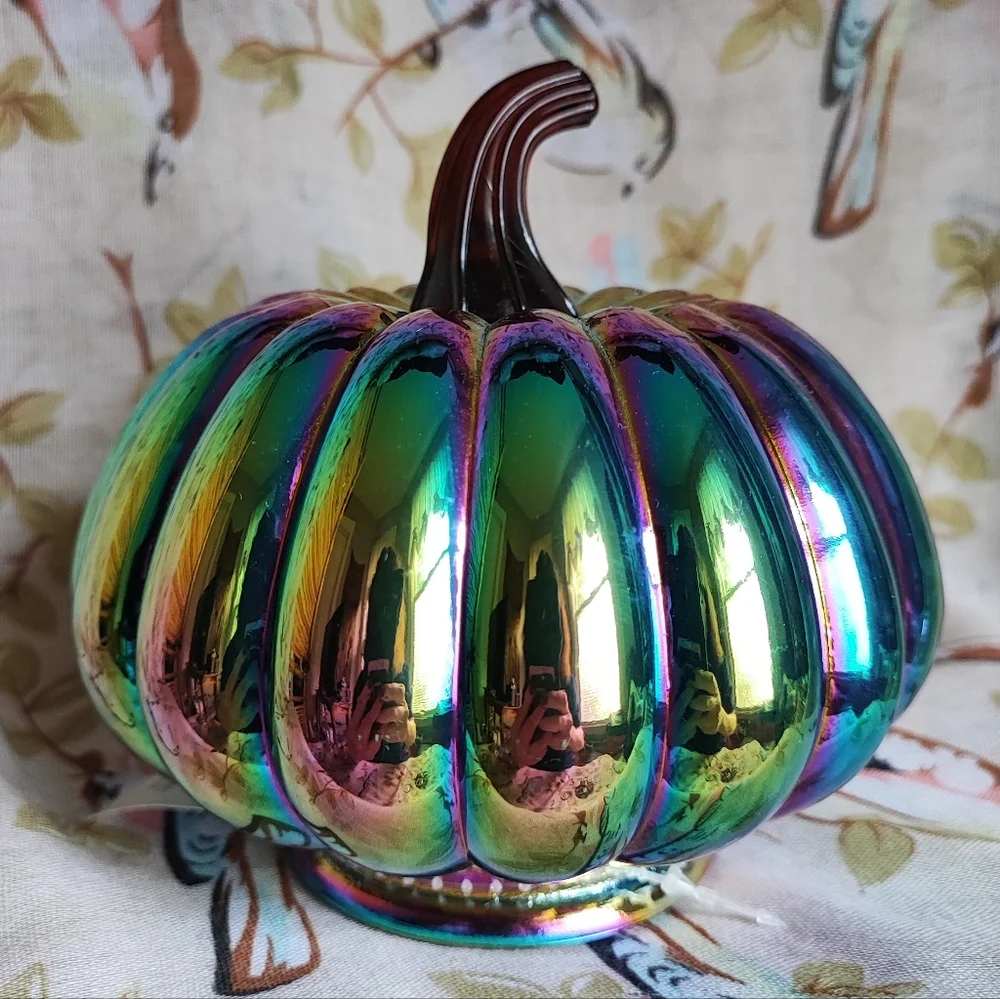 Iridescent Pumpkin Oil Slick Glass Desk Decoration Holiday Fall Halloween NWT